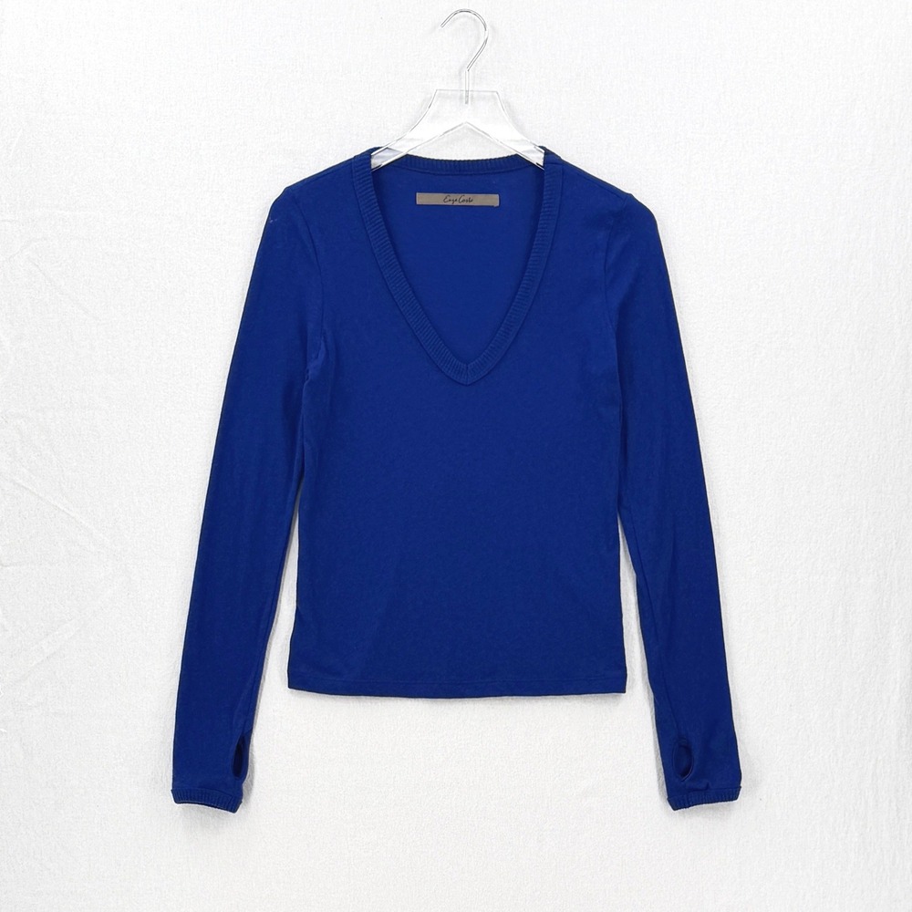 ENZA COSTA Cashmere New Classic V-Neck Top Women Medium Blue Long Sleeve T Shirt